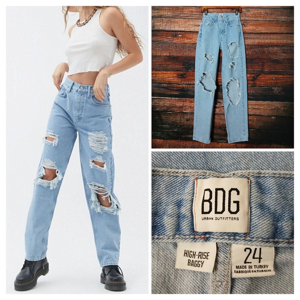 BDG Jeans 24 Urban Outfitters High Rise Baggy Ripped Distressed Blue Denim